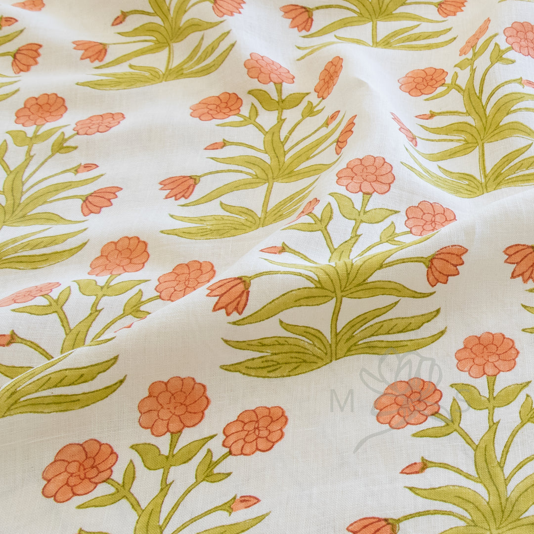 Molly Mahon Mughal Hand Block Print Peach Sap Green fabric