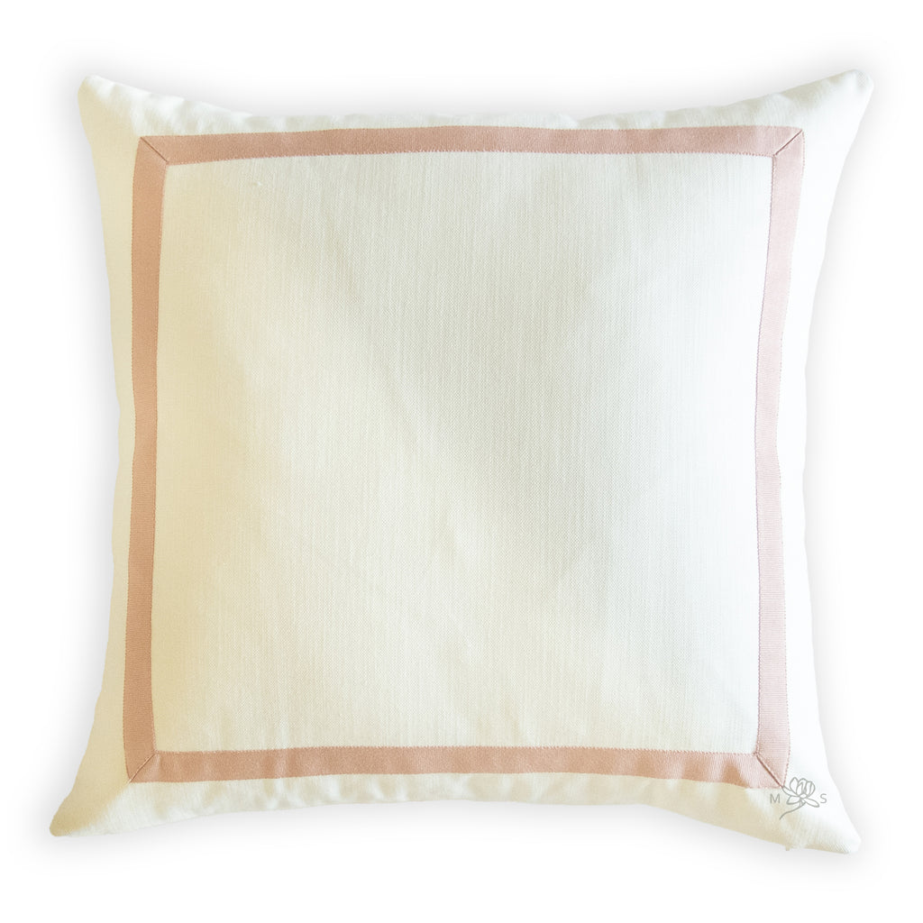 Custom Designer Mitered Petal Pink Trim Solid White Pillow