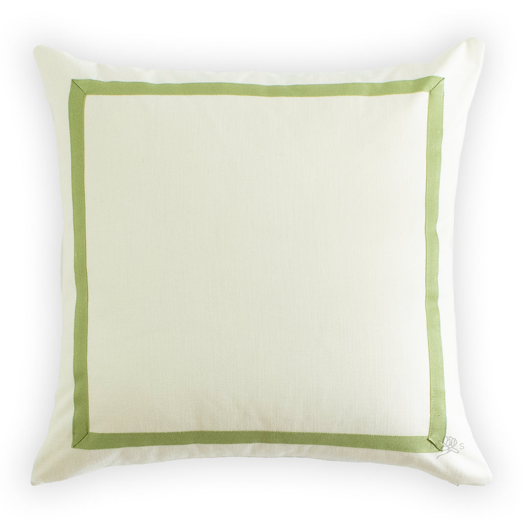 Custom Designer Mitered Pear Green Trim Solid White Pillow