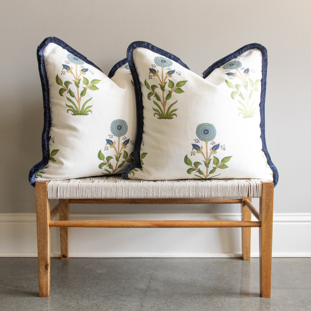Ready to Ship Alex Conroy Large Marigold Sky Indigo Designer Pillow with brush fringe