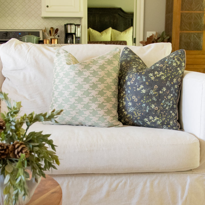 milton textiles grand houndstooth celadon pillow with Kelly Ventura eden midnight pillow