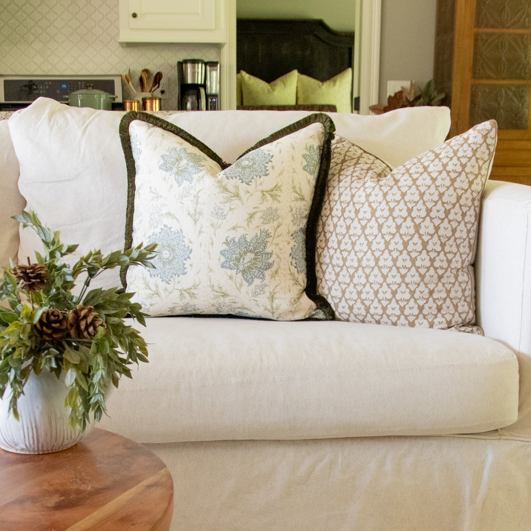 lee jofa calico vine green blue pillow with thibaut arboreta brown pillow