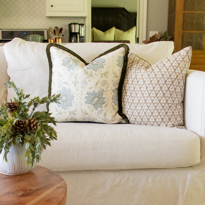 lee jofa calico vine green blue pillow with thibaut arboreta brown pillow