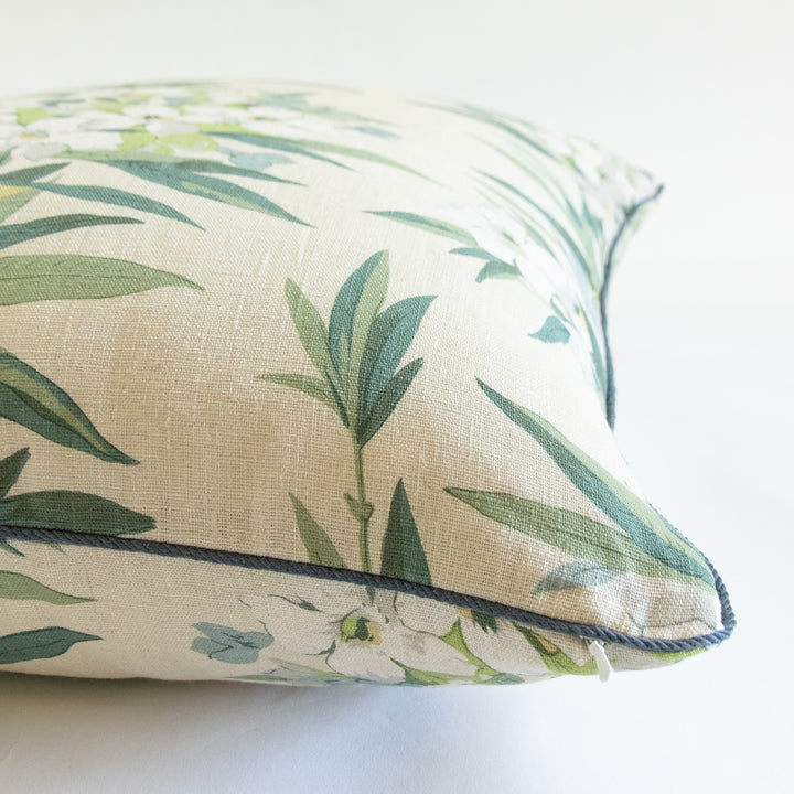 green and blue floral stripe pillow cover with dark blue cording