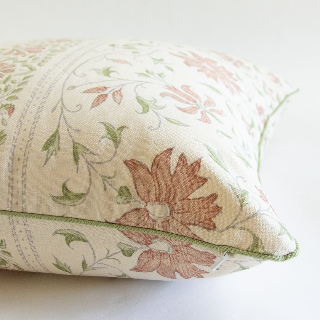 peach red floral stripe linen pillow cover with green cording