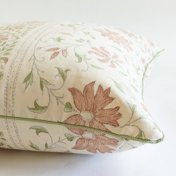 peach red floral stripe linen pillow cover with green cording