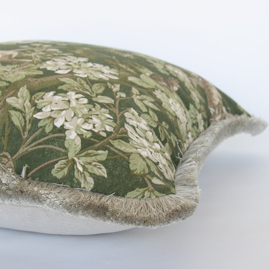 Schumacher Hound Meadow Forest Custom Designer Pillow Cover with oyster brush fringe, green floral and pointing dog pattern