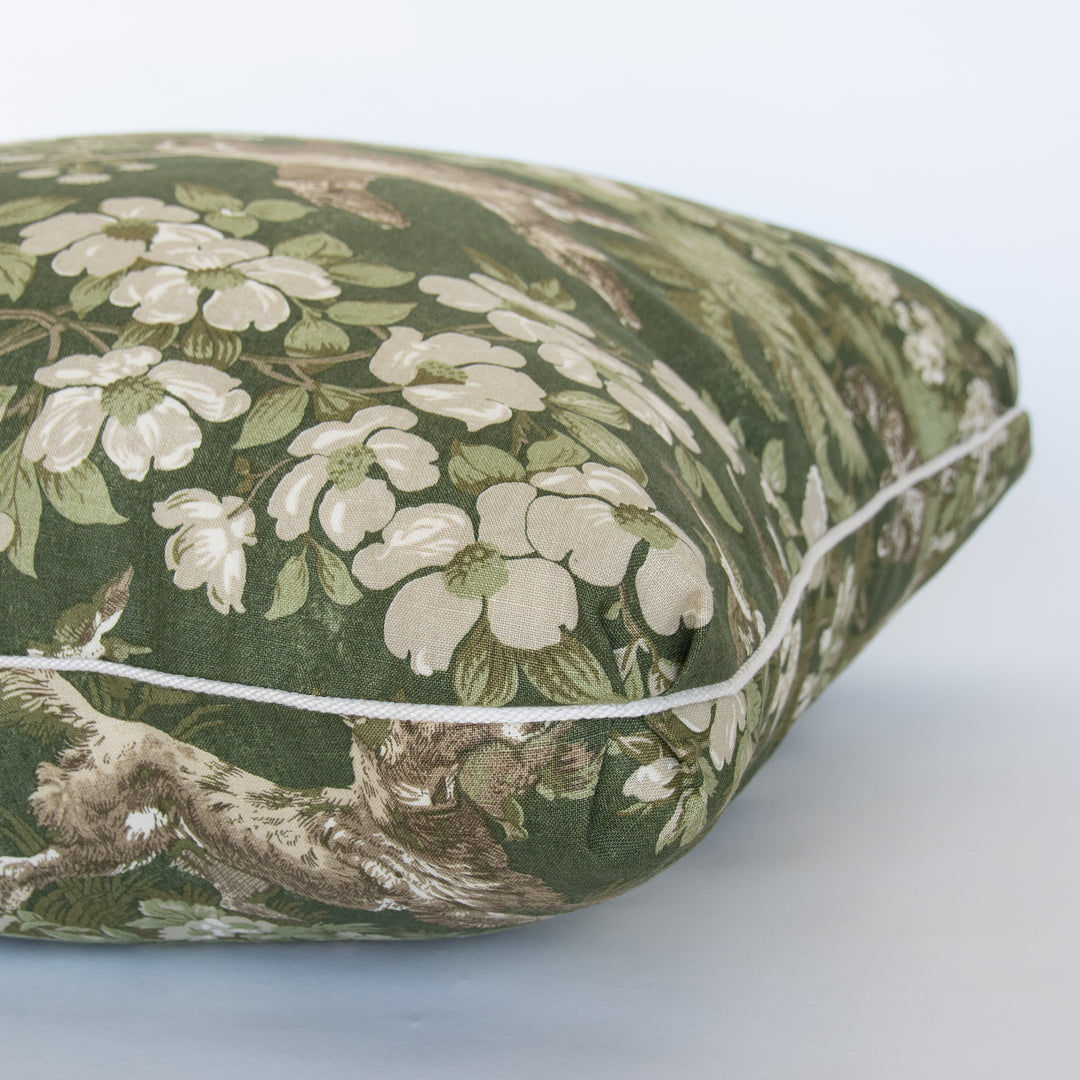 Schumacher Hound Meadow Forest Custom Designer Pillow Cover with Turkish Corner and white cording, green floral and pointing dog pattern