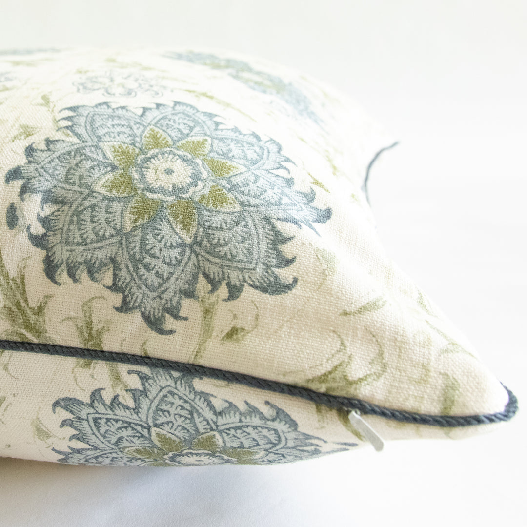 lee sofa calico vine green blue floral stripe pillow with blue cording