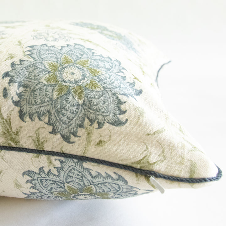 lee sofa calico vine green blue floral stripe pillow with blue cording