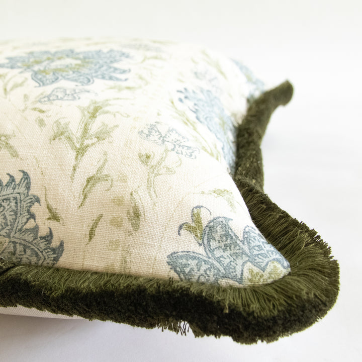 lee sofa calico vine green blue floral stripe pillow with brush fringe