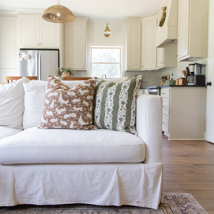 cream sofa with designer pattern fabric for custom pillows