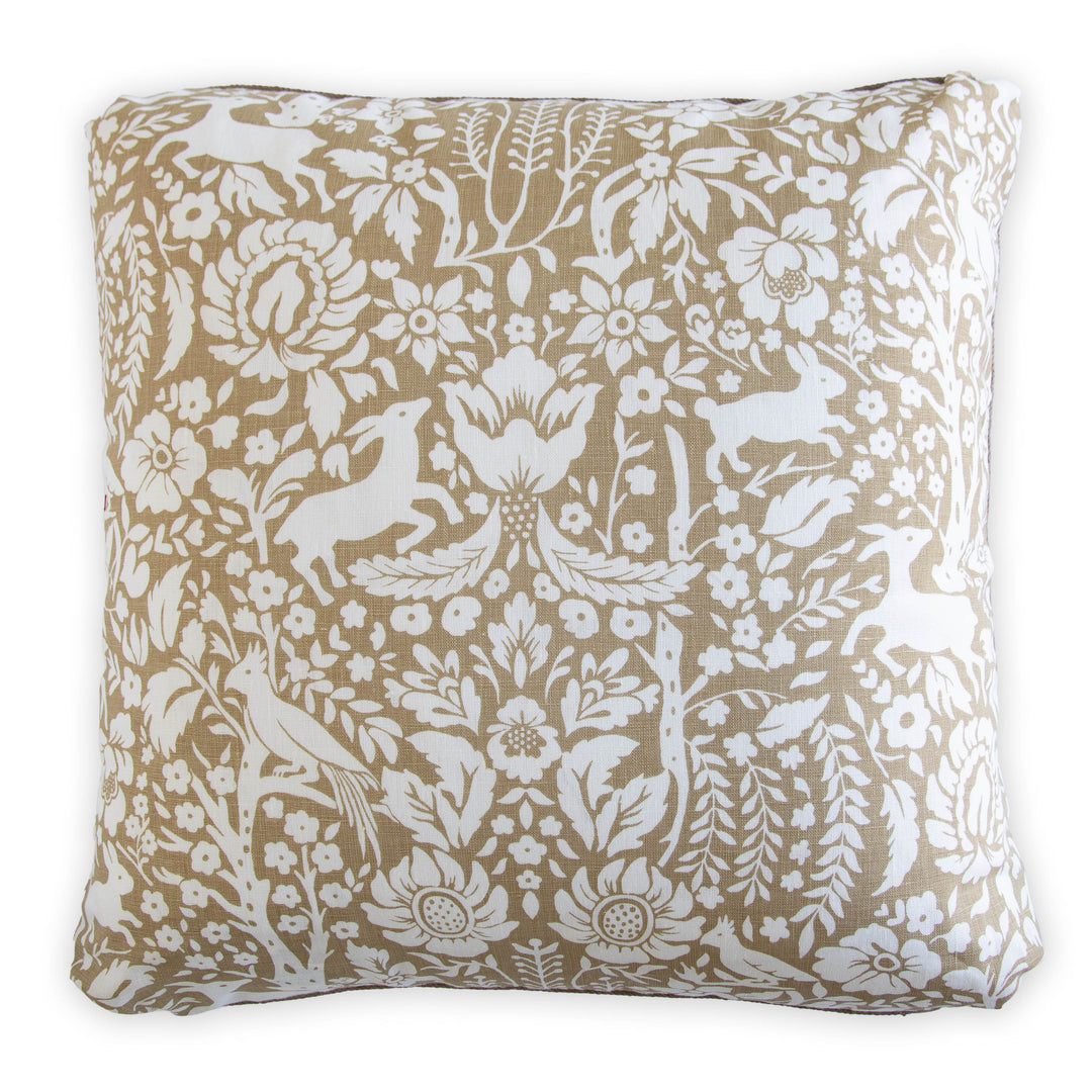 Schumacher Deerfield in Mocha Custom Designer Bolster Made in Mississippi, brown deer and rabbit pattern
