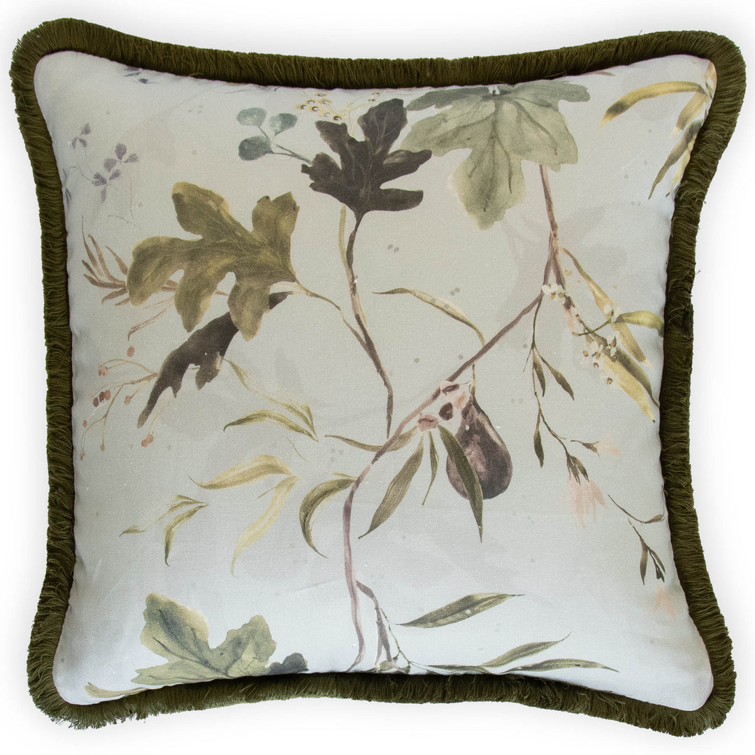 kelly ventura fig in fog custom pillow with green brush fringe
