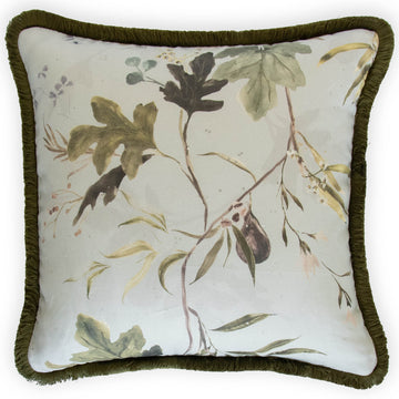kelly ventura fig in fog custom pillow with green brush fringe