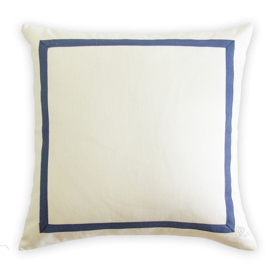 Custom Designer Mitered Indigo Trim Solid White Pillow