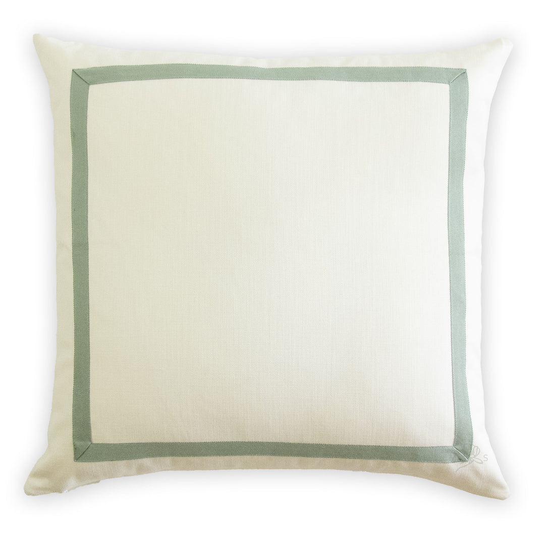 Custom Designer Mitered Spa Green Trim Solid White Pillow