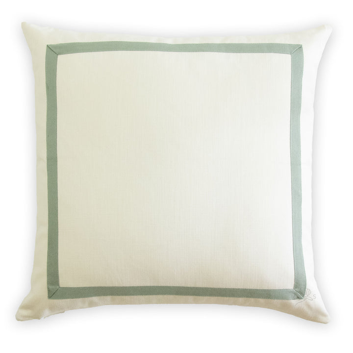 Custom Designer Mitered Spa Green Trim Solid White Pillow