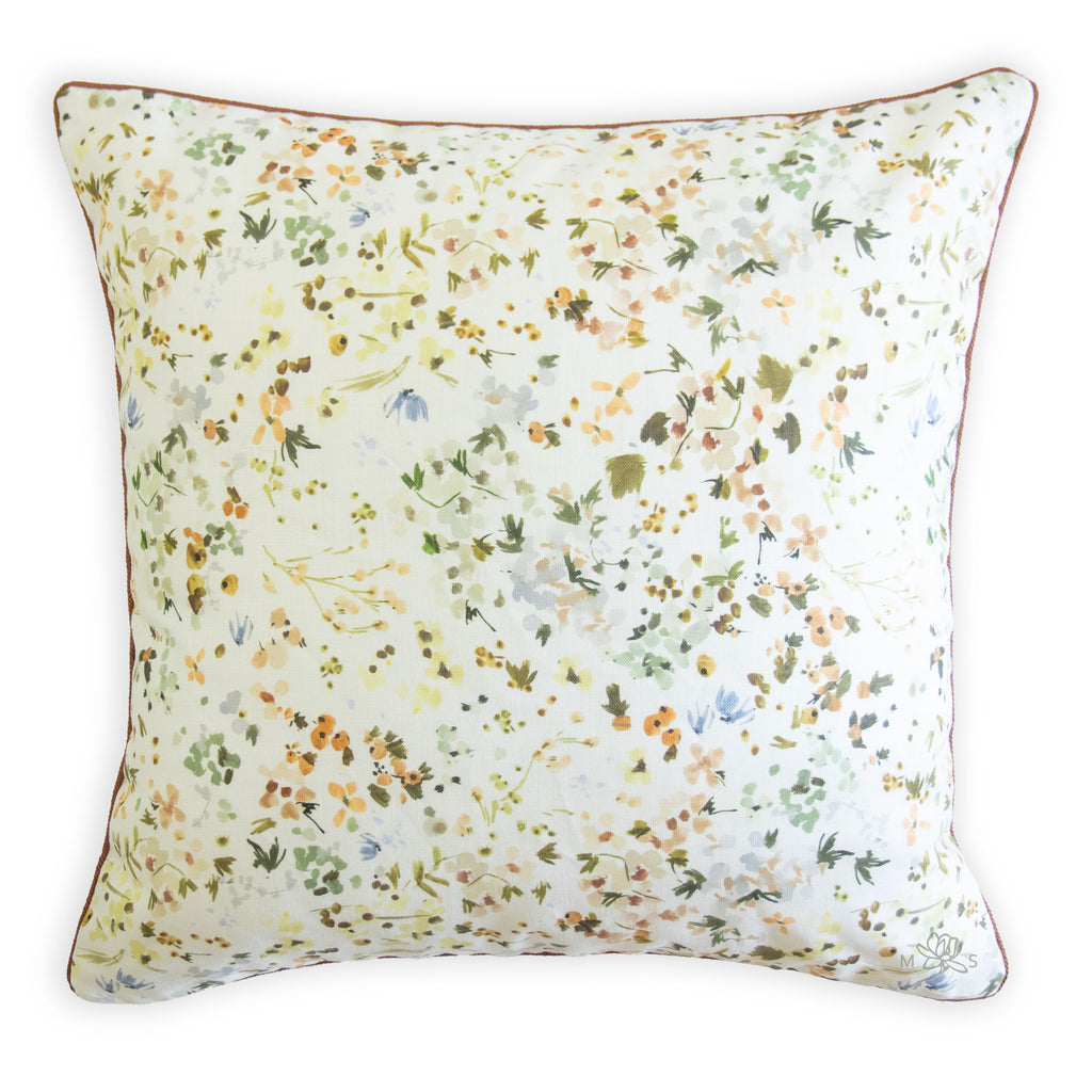 Kelly Ventura wildflower field in coral custom designer bolster with red cording