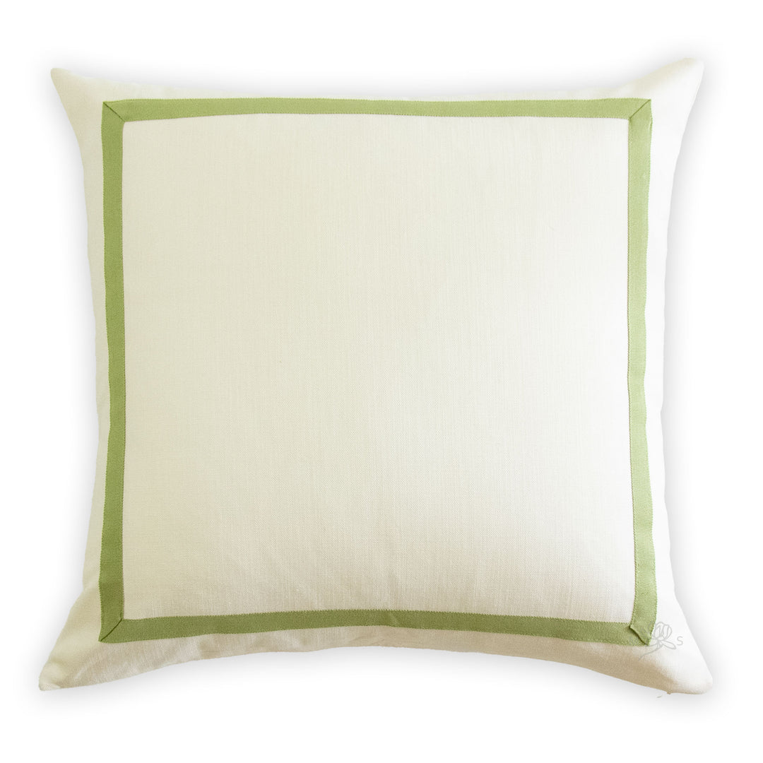 Custom Designer Mitered Pear Green Trim Solid White Pillow