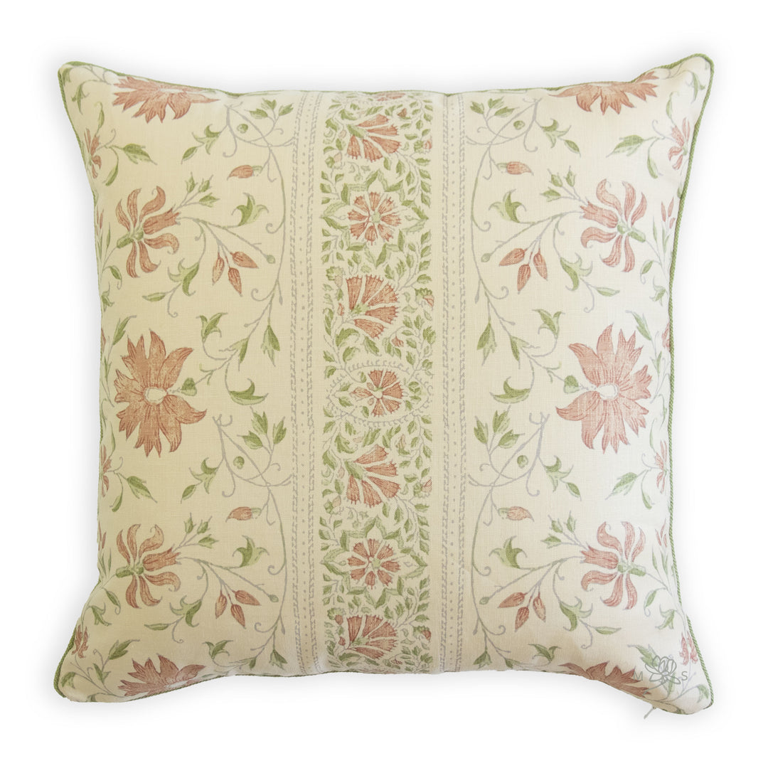namay samay surî peach linen custom designer pillow cover with green cording