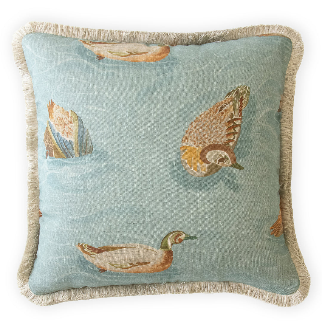mulberry home duck pond teal custom designer pillow made in mississippi with brush fringe