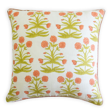 Molly mahon Mughal hand block print peach sap green custom designer bolster with rust cording