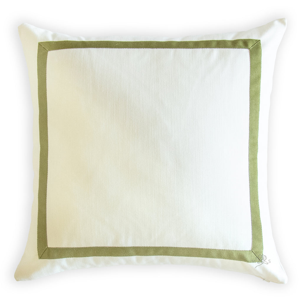Custom Designer Mitered Olive Green Trim Solid White Pillow