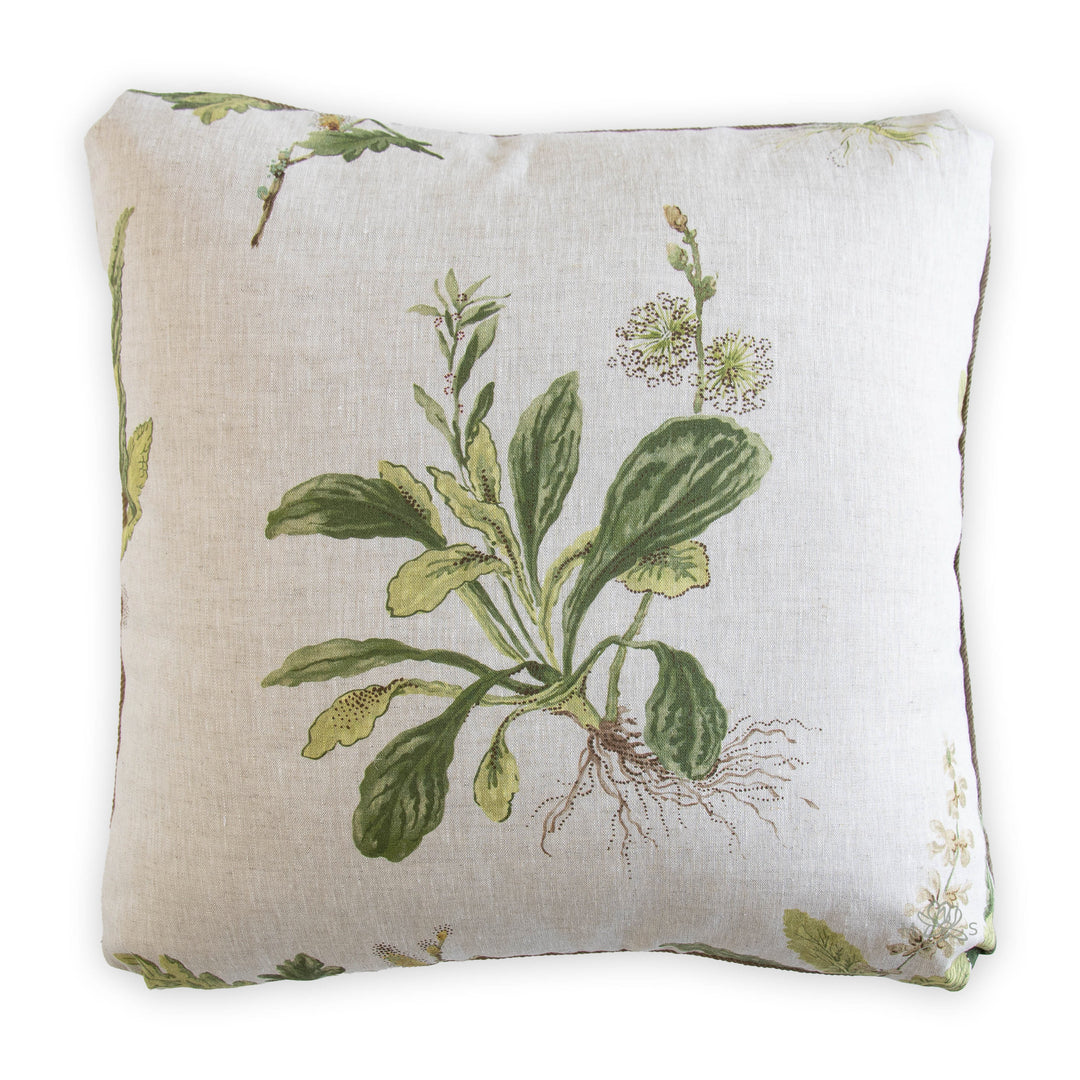 Thibaut Woodland Green on Natural Custom Designer Bolster Made in Mississippi, green botanical floral pattern