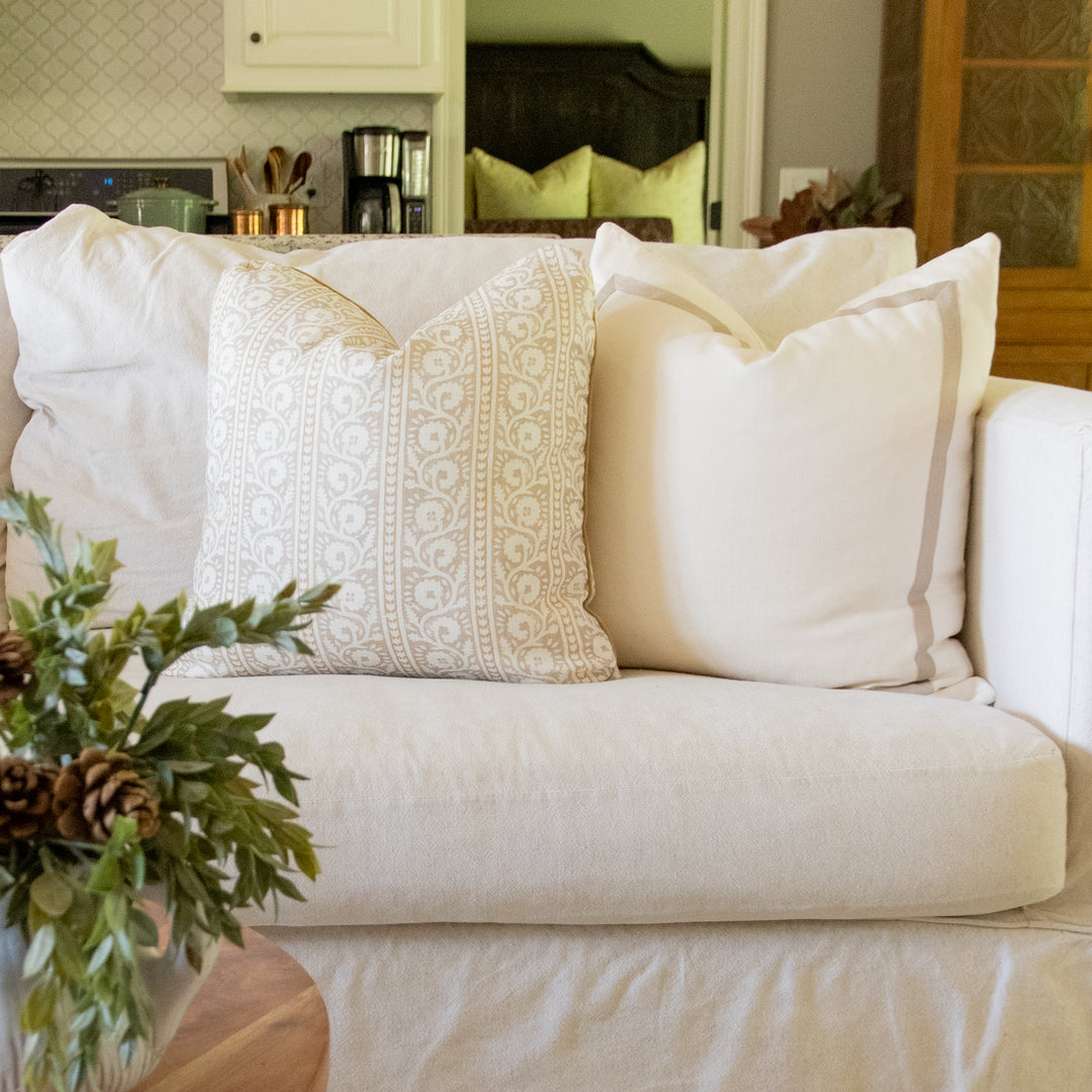 lee jofa bibury parchment neutral floral stripe pillow with brown mitered box pillow
