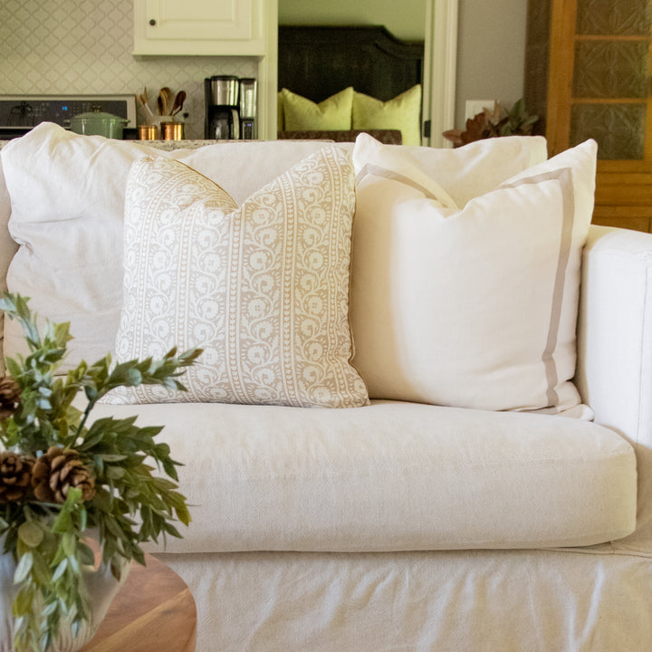 lee jofa bibury parchment neutral floral stripe pillow with brown mitered box pillow