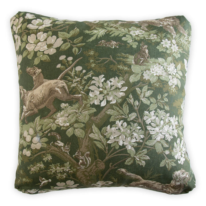 Schumacher Hound Meadow Forest Custom Designer Pillow Cover with Turkish Corner, green floral and pointing dog pattern