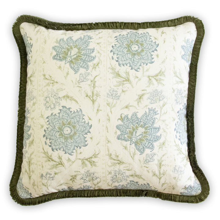 lee sofa calico vine green blue floral stripe pillow brush fringe