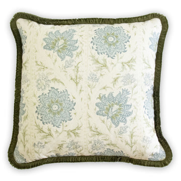 lee sofa calico vine green blue floral stripe pillow brush fringe