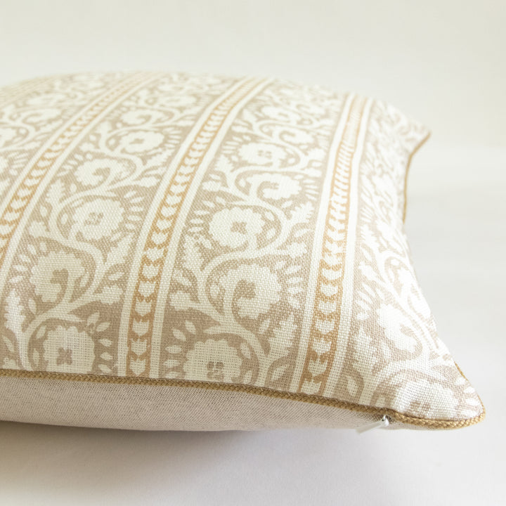 lee jofa bibury parchment neutral floral stripe pillow with brown cording
