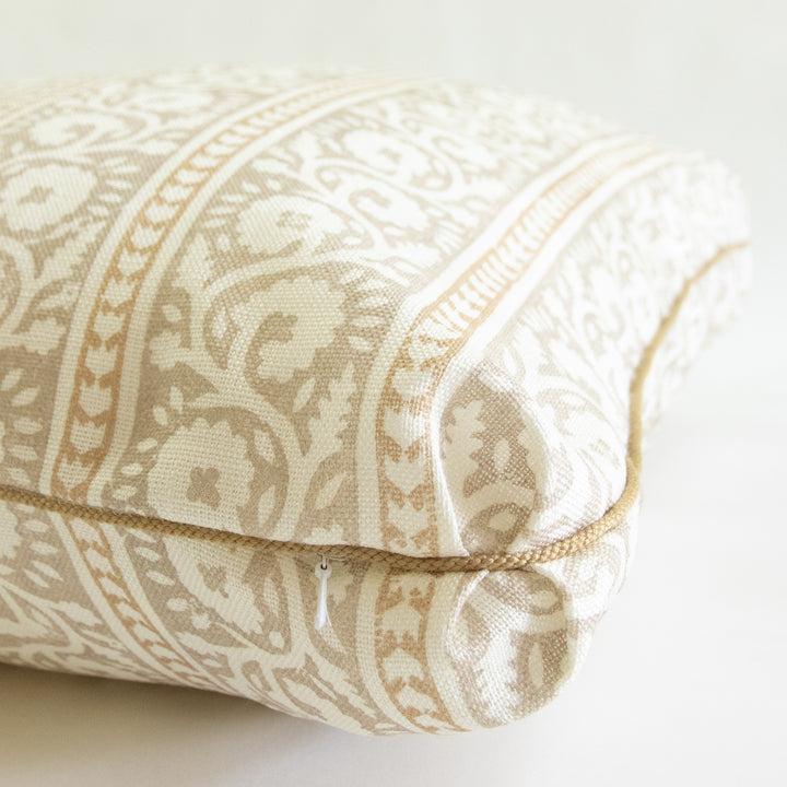 lee jofa bibury parchment neutral floral stripe pillow with Turkish corner and brown cording