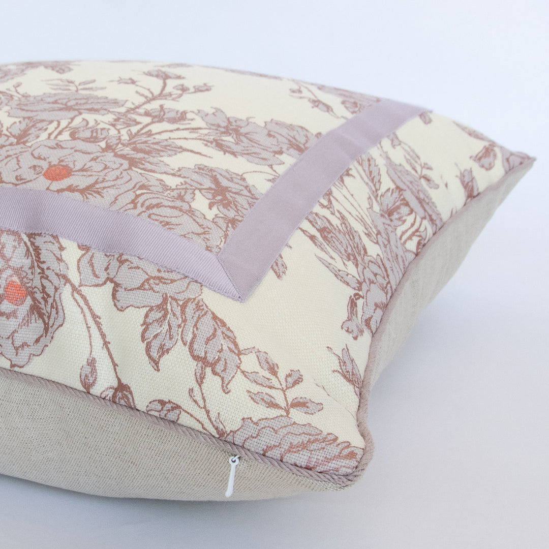 light purple and blush floral custom designer pillow cover with mitered box tape and purple cording 