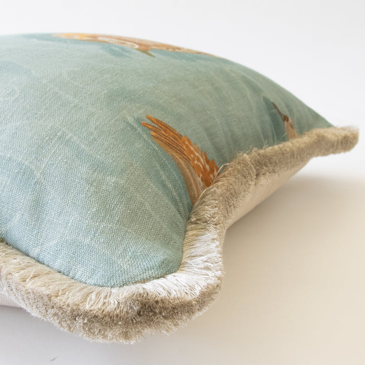 water duck pond custom pillow with grey brush fringe