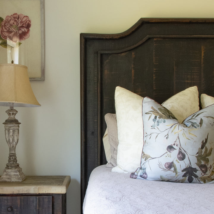 custom designer throw pillow on bed made using kelly ventura fabric