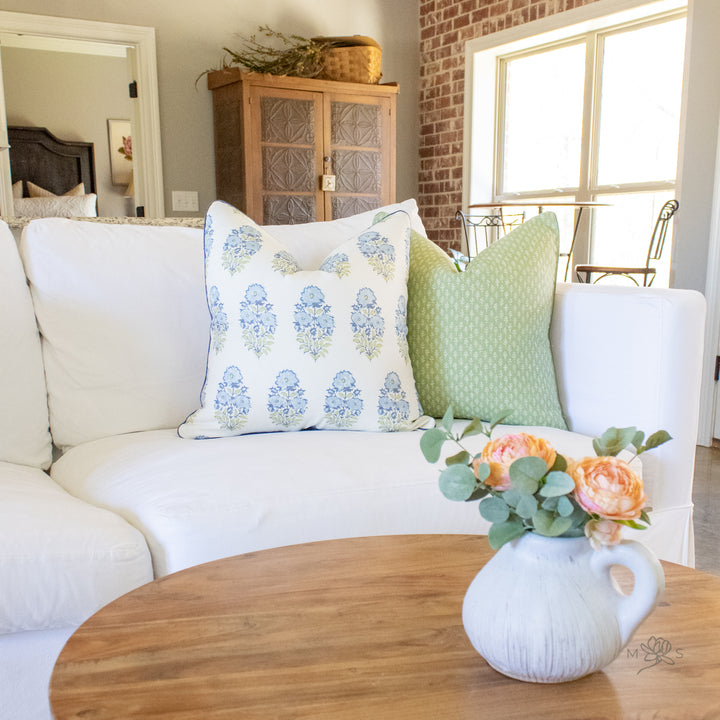 Blue Block Print Floral Linen Pillow