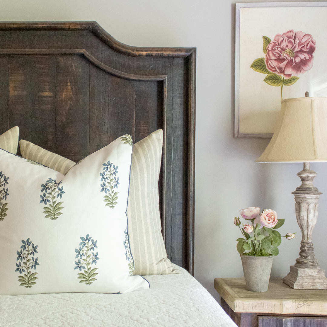 indigo blue floral block print pillow