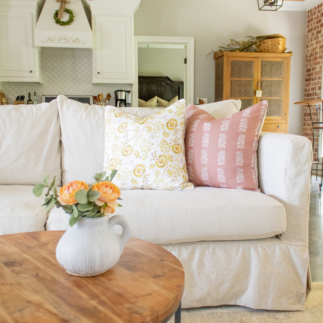 blush pink floral botanical leaf linen pillow