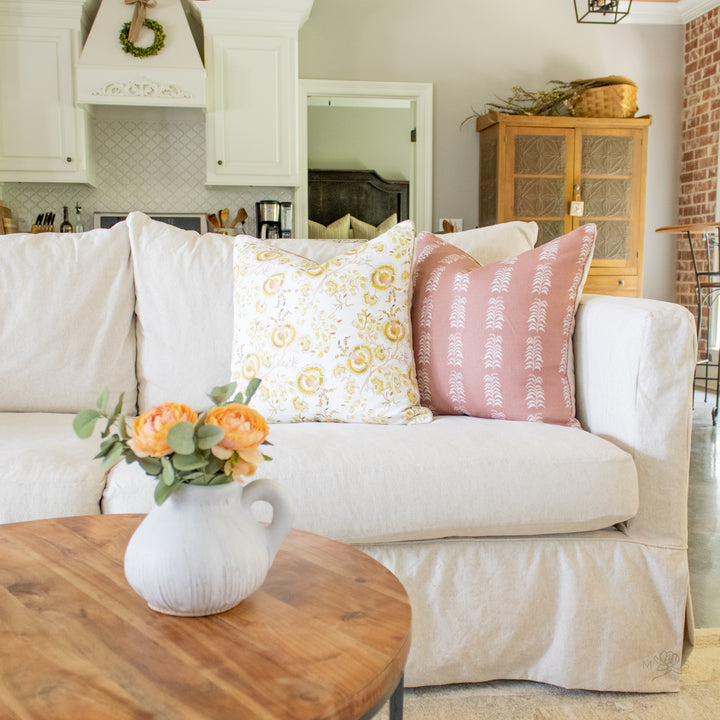 blush pink floral botanical leaf linen pillow