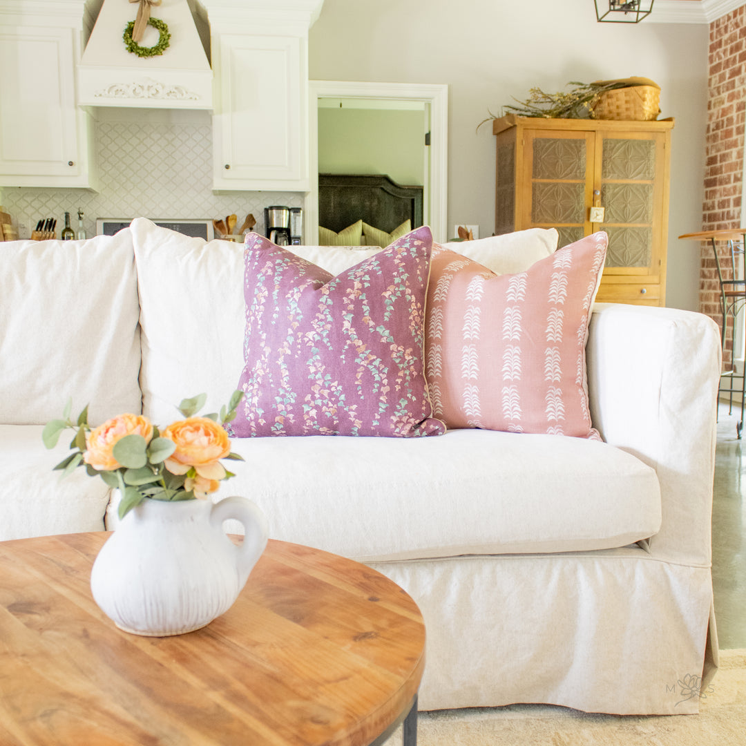 blush pink floral botanical leaf linen pillow