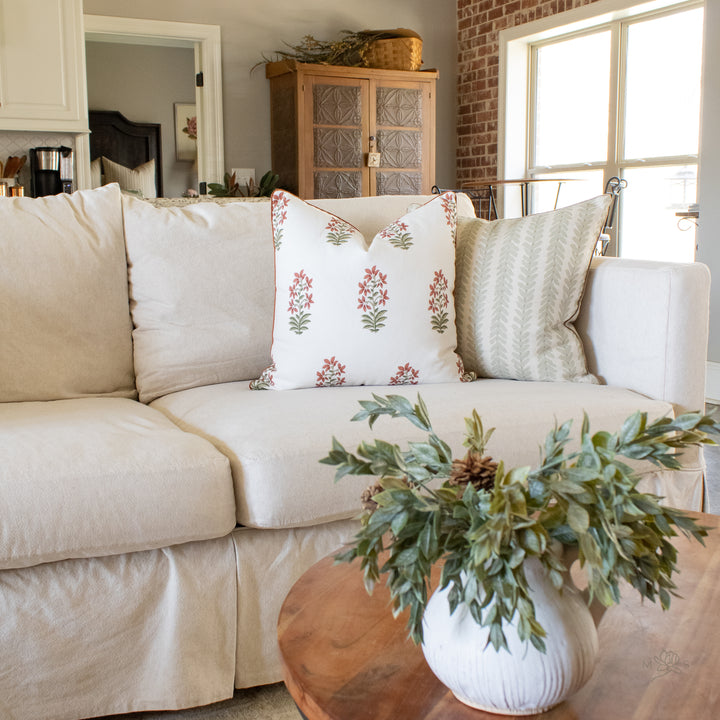 red floral block print pillow