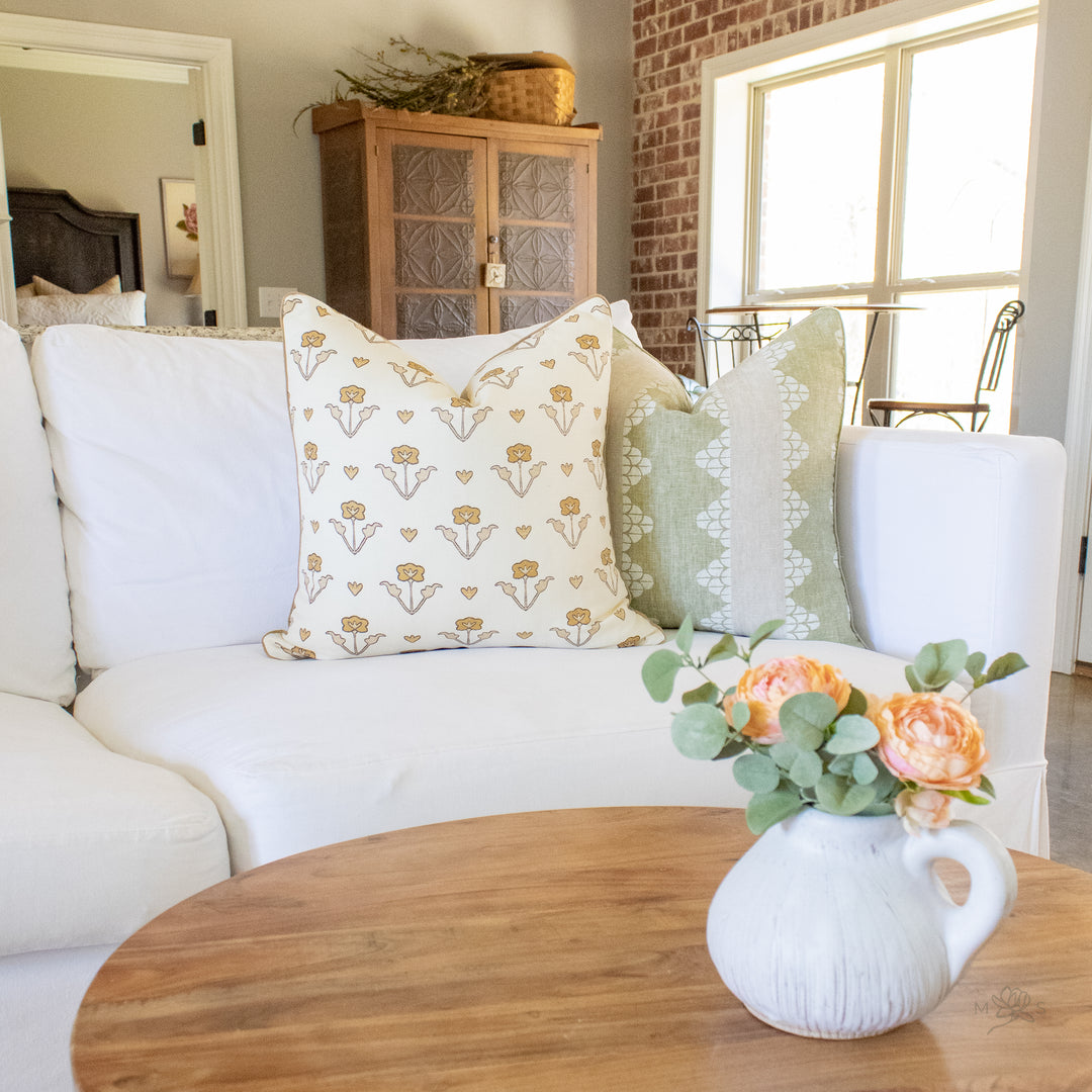 Tan Beige Block Print Floral Linen Pillow