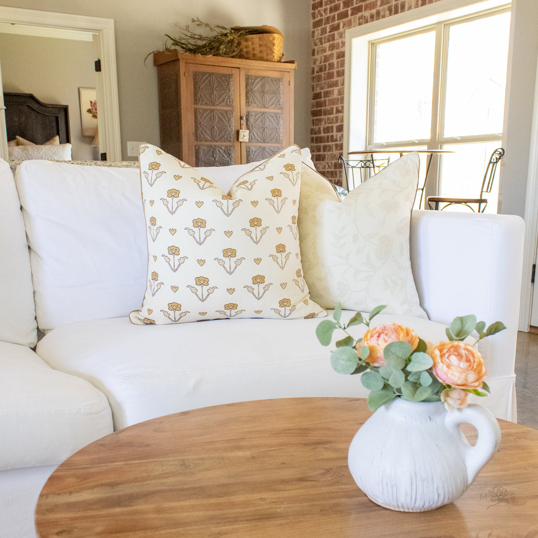 Tan Beige Block Print Floral Linen Pillow