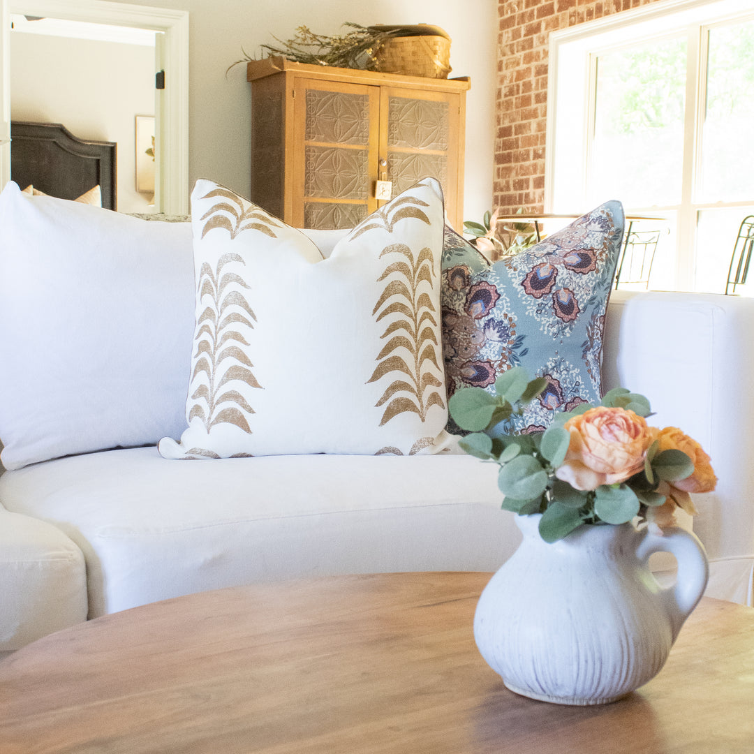 Tan Caramel Botanical Block Print Linen Pillow