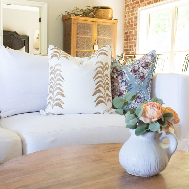 Tan Caramel Botanical Block Print Linen Pillow