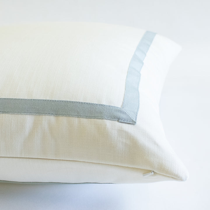 Custom Designer Mitered Pale Blue Trim Solid White Pillow